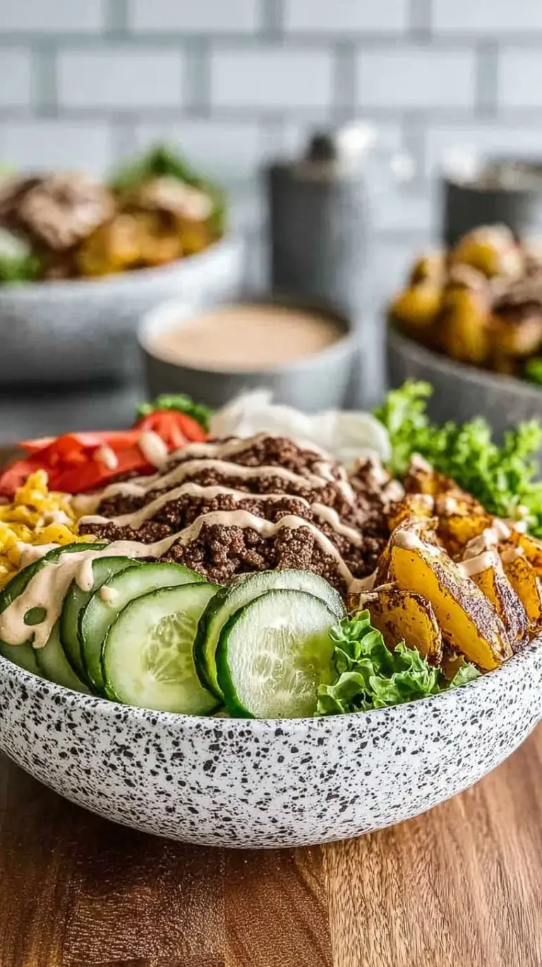 A vibrant burger bowl with seasoned beef, cherry tomatoes, pickles, and a creamy orange special sauce drizzle.