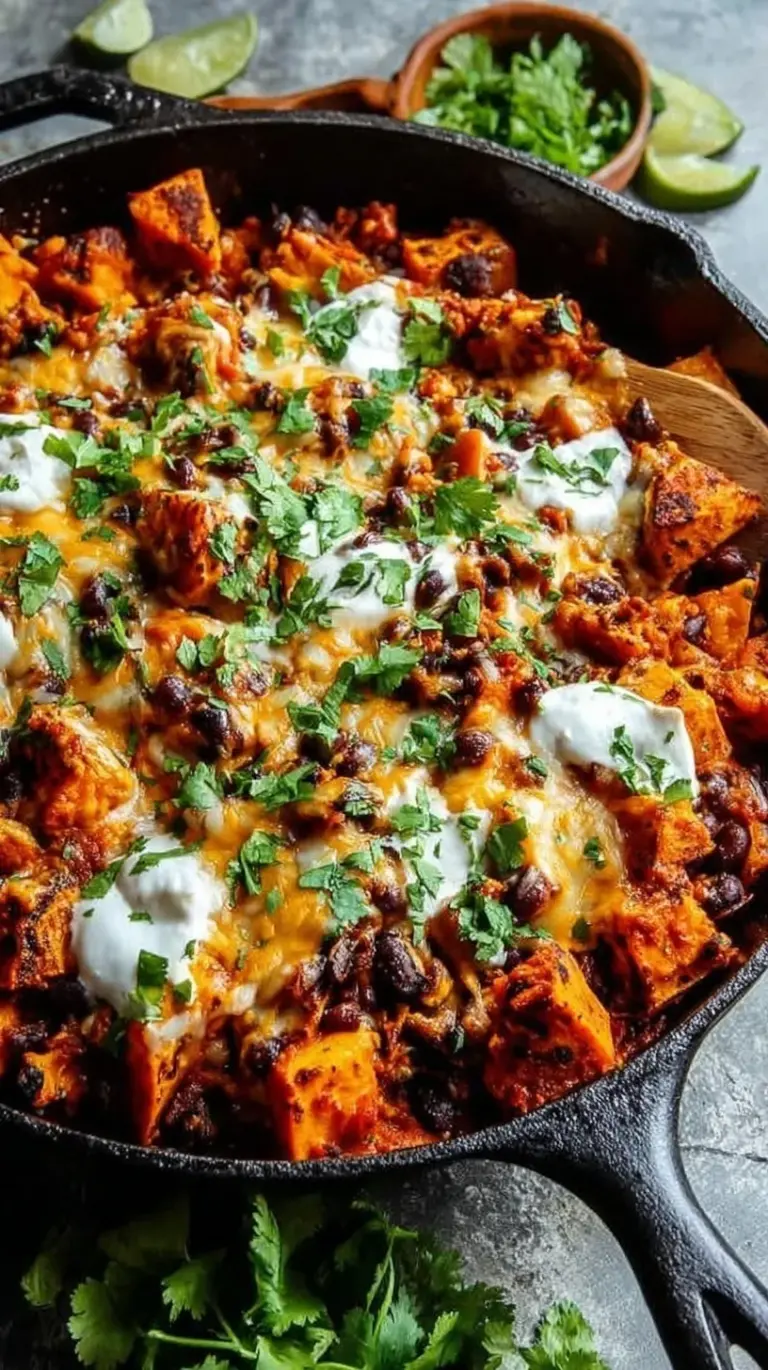 A colorful cast iron skillet filled with butternut squash, black beans, tortilla strips, and melted cheese topped with fresh cilantro.