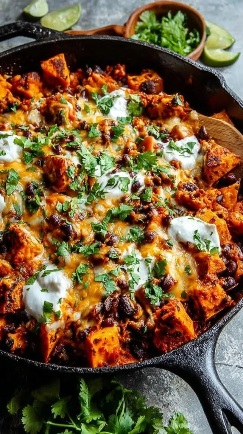 A colorful cast iron skillet filled with butternut squash, black beans, tortilla strips, and melted cheese topped with fresh cilantro.