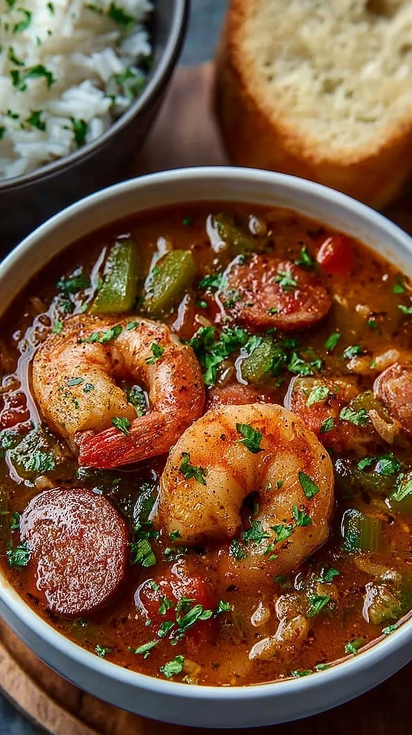 A steaming bowl of Cajun Jambalaya Soup with shrimp and green onions