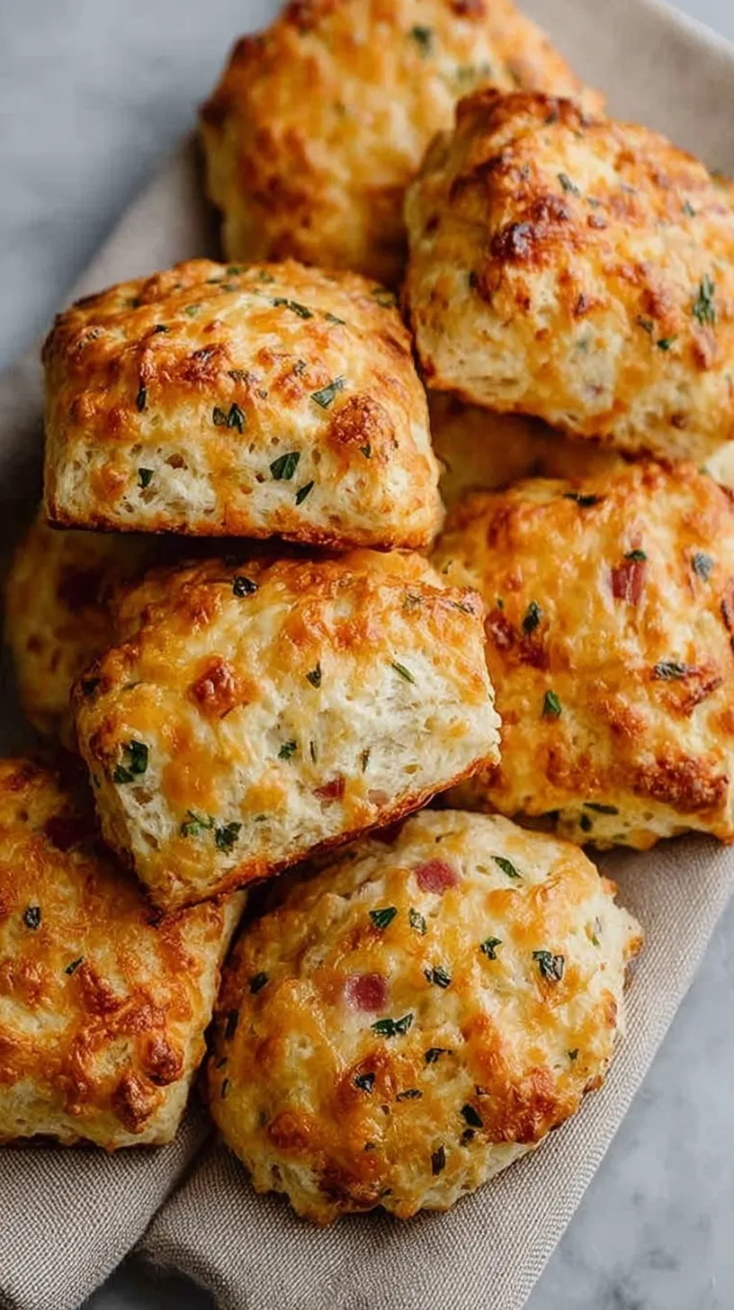 Golden brown Cheddar Ham Protein Biscuits stacked on a wire rack with melted cheese visible.