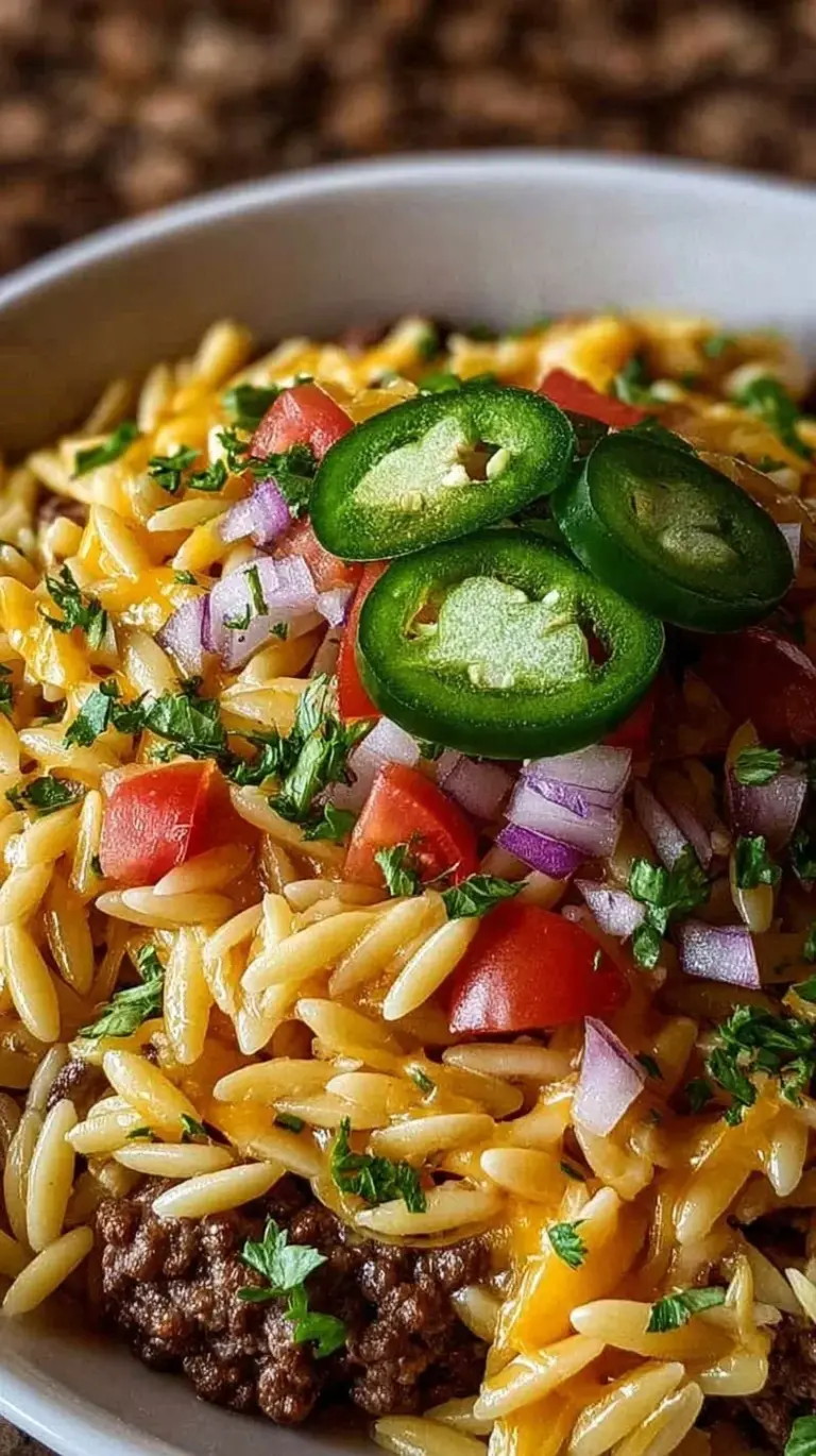A savory skillet of Cheeseburger Orzo topped with melted cheese and diced pickles.