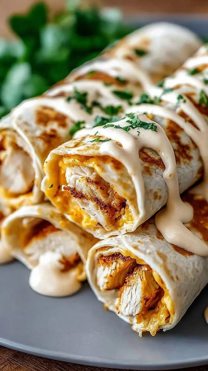 Golden chicken wraps filled with melted cheese, lettuce, and tomatoes on a white plate.