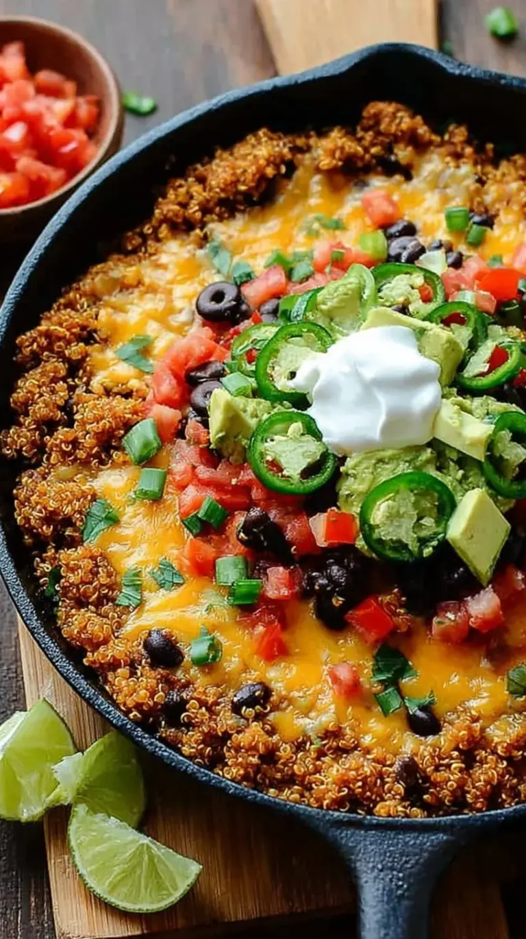 A colorful skillet filled with quinoa, black beans, corn, and melted cheese topped with fresh cilantro.