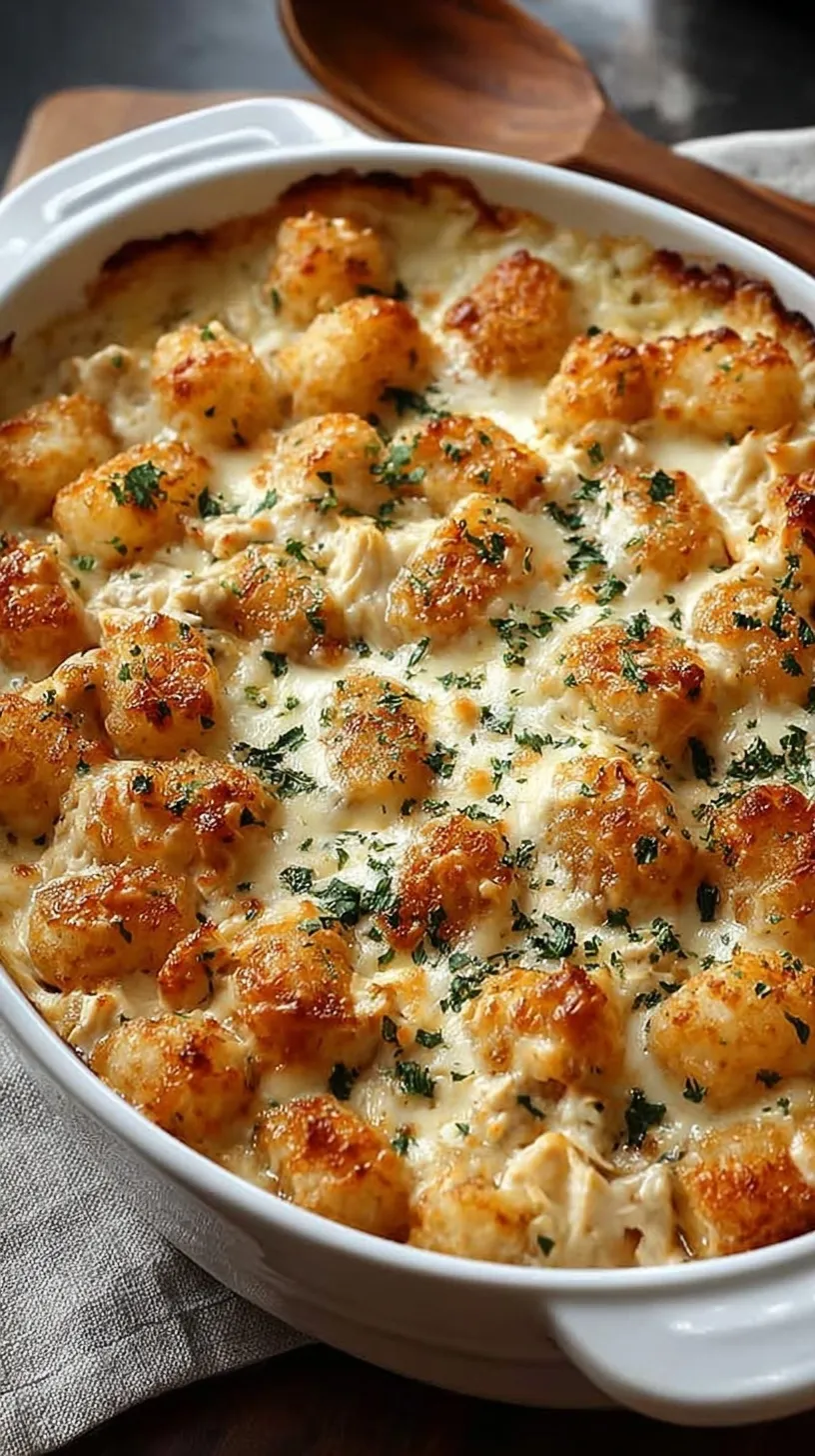 A golden brown Chicken Alfredo Tater Tot Casserole in a glass baking dish with melted mozzarella and parsley garnish