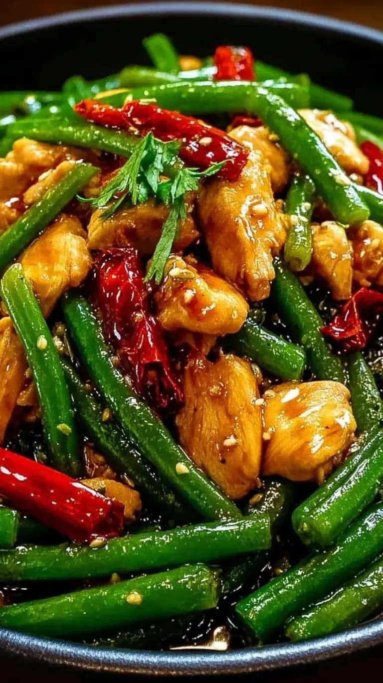 A vibrant skillet of Chicken and Green Bean Stir Fry with a glossy brown sauce