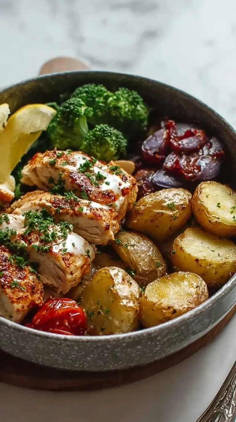 A vibrant bowl with golden roasted potatoes, seasoned chicken, and wilted green spinach.