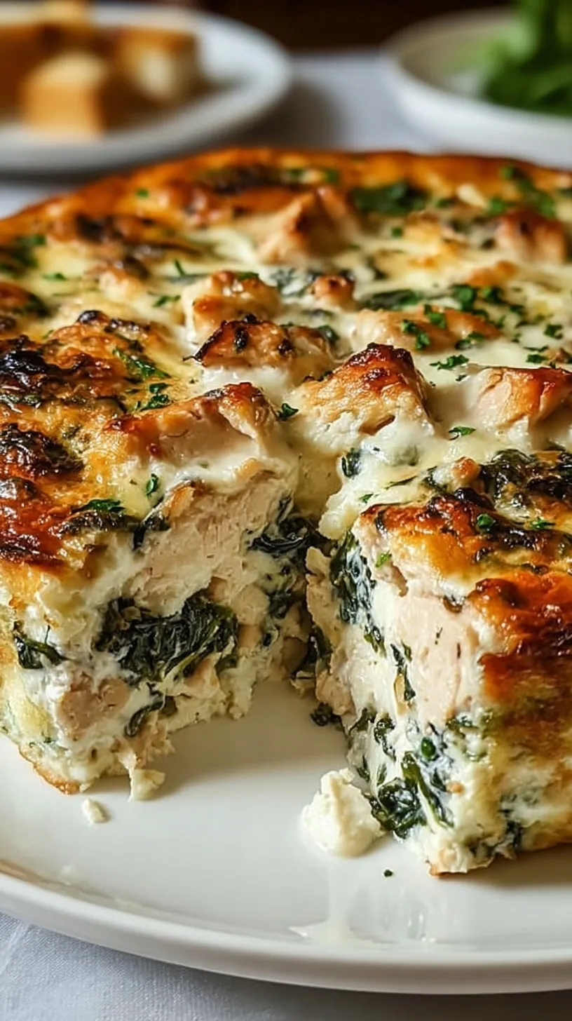 A bubbling chicken and spinach casserole topped with golden melted mozzarella cheese in a white baking dish.