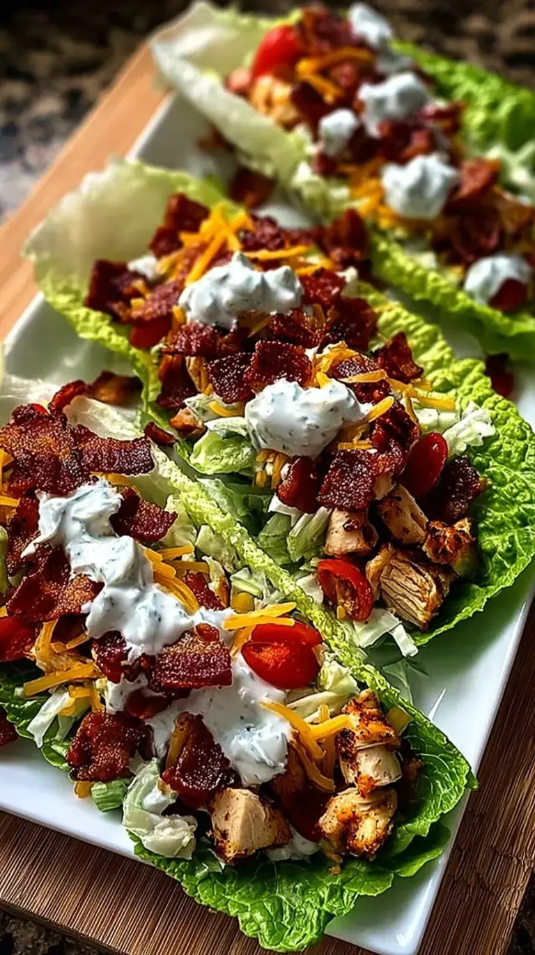 Fresh Romaine lettuce leaves filled with creamy chicken, bacon, and ranch topped with tomatoes.