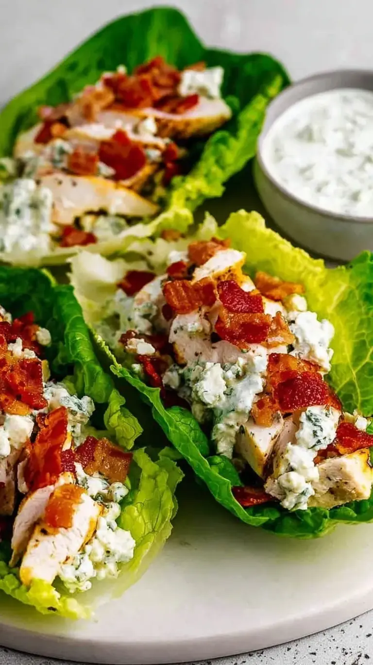 Close up of several Chicken Bacon Ranch Lettuce Wraps on a white platter with green onions