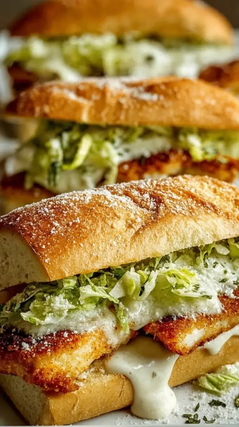 Grilled chicken strips and Caesar dressed romaine lettuce piled high on a toasted ciabatta roll