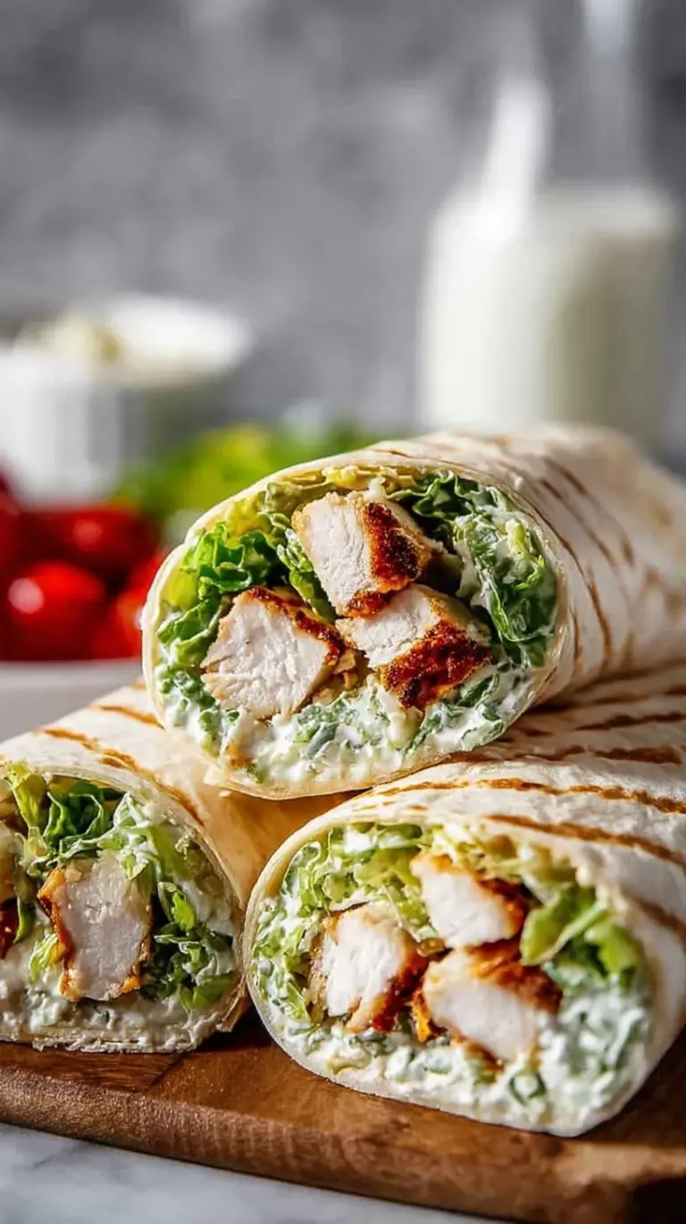 Four sliced Chicken Caesar Wraps stacked on a white plate with fresh romaine lettuce