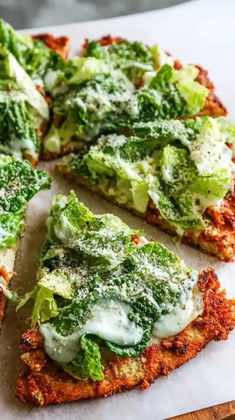 A golden chicken crust pizza topped with fresh Caesar salad and shaved parmesan