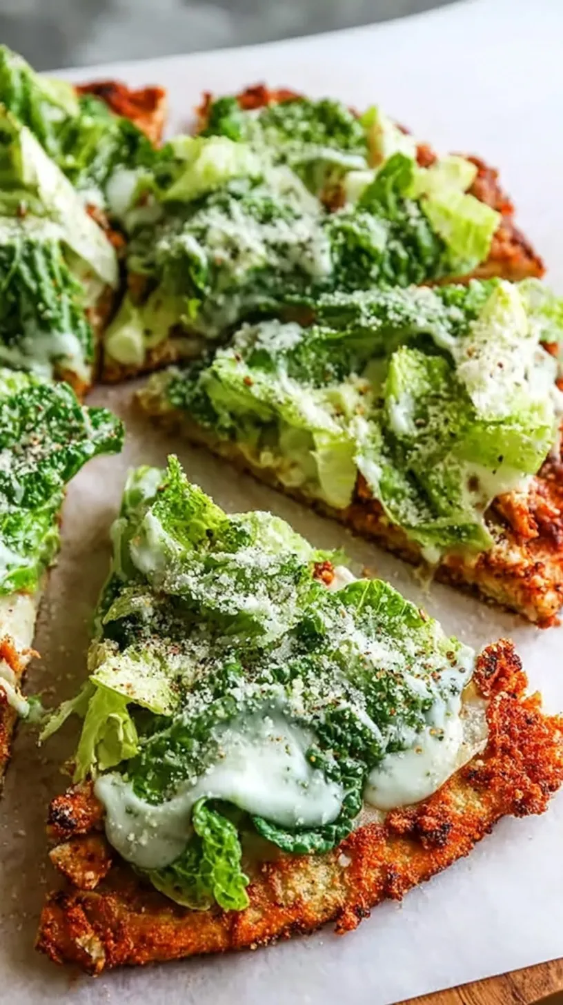 A golden chicken crust pizza topped with fresh Caesar salad and shaved parmesan