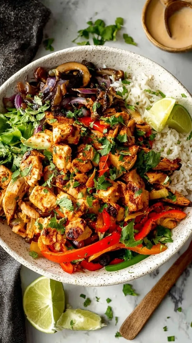 Colorful Healthy Chicken Fajita Bowls with sautéed peppers, onions, black beans, and sliced avocado over white rice.