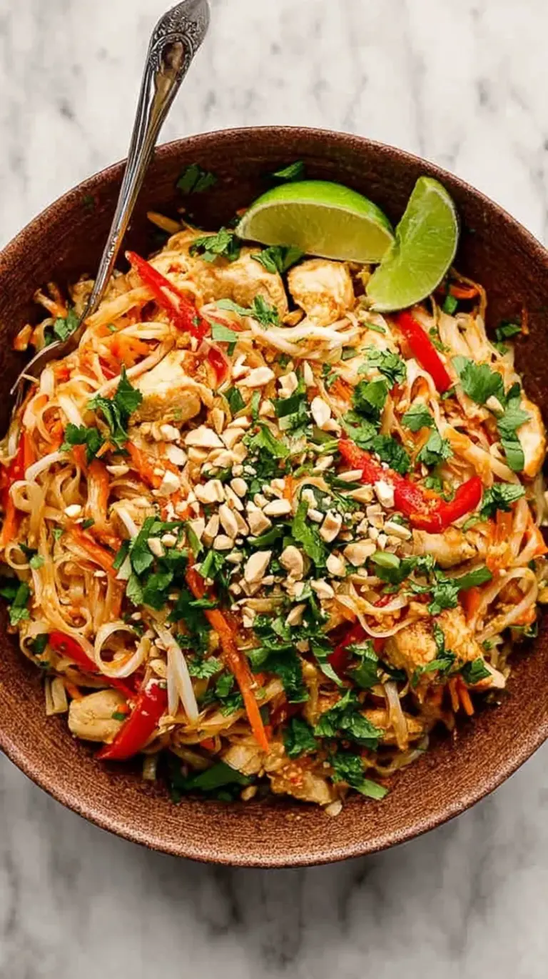 A vibrant plate of Chicken Pad Thai with lime wedges, crushed peanuts, and fresh green onions.