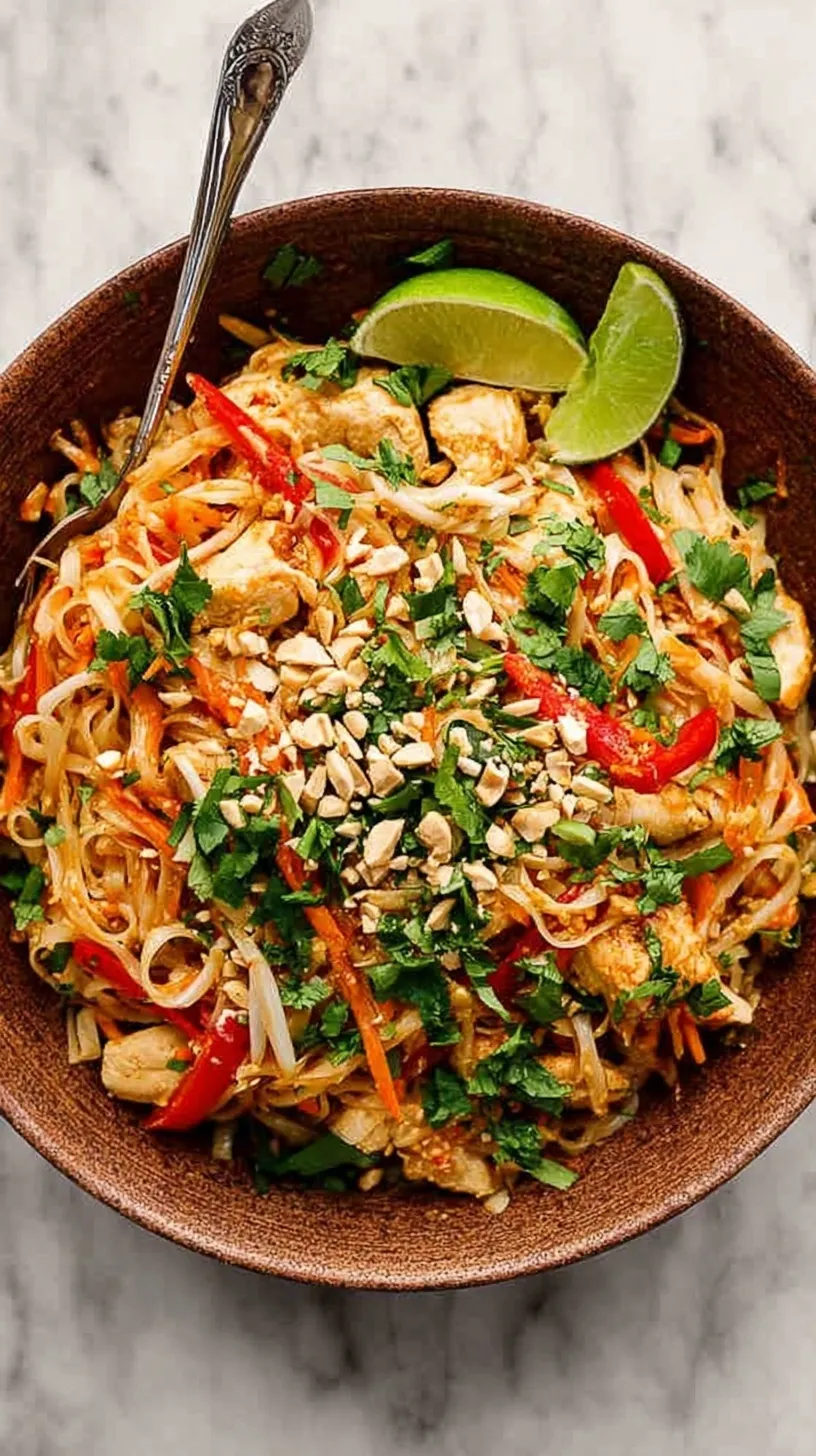 A vibrant plate of Chicken Pad Thai with lime wedges, crushed peanuts, and fresh green onions.