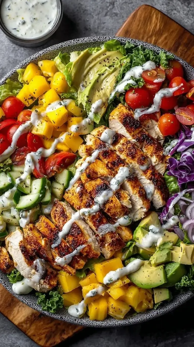 A vibrant healthy chicken salad bowl with grilled chicken, sliced avocado, quinoa, and fresh cherry tomatoes in a white bowl.
