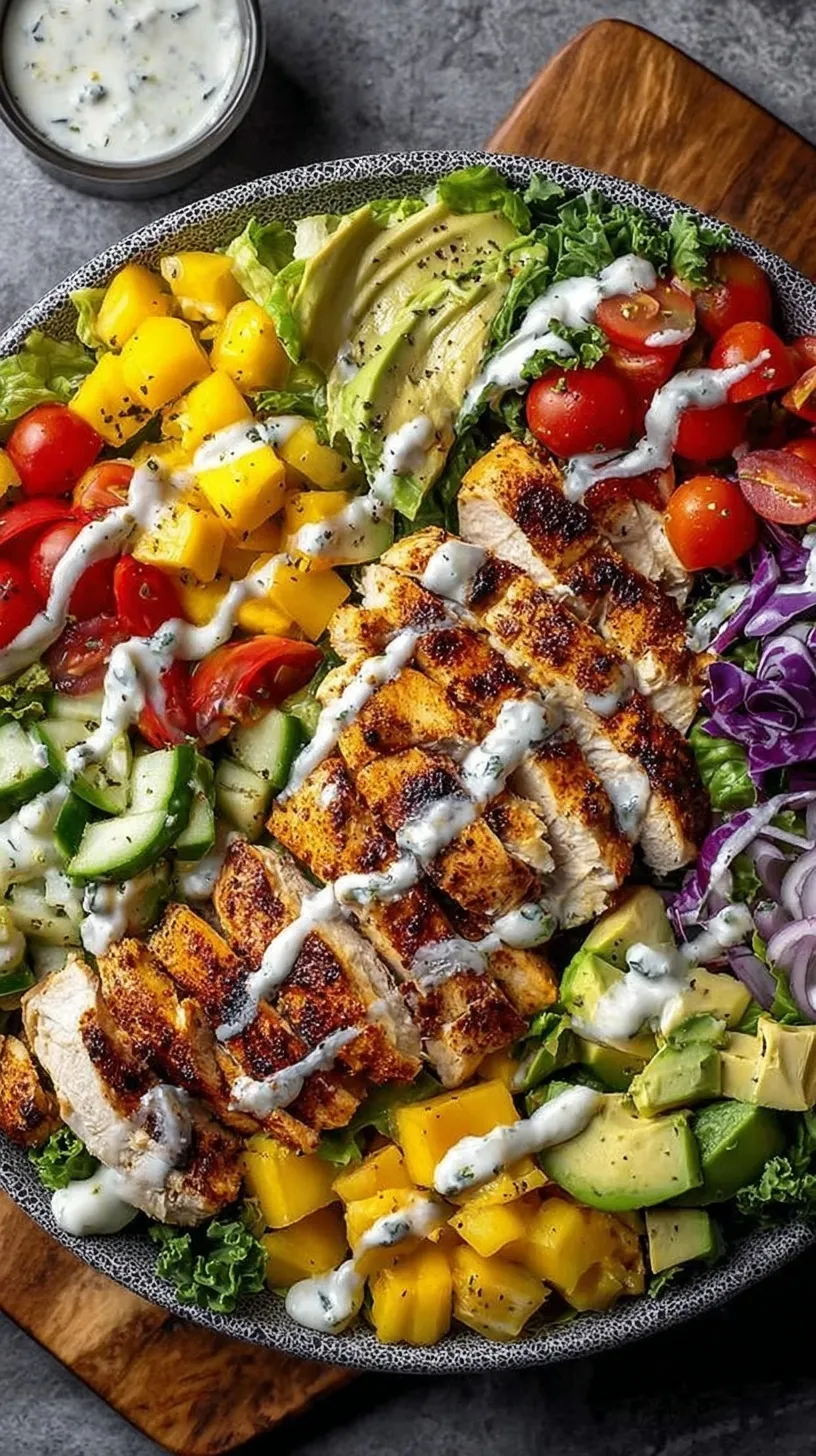 A vibrant healthy chicken salad bowl with grilled chicken, sliced avocado, quinoa, and fresh cherry tomatoes in a white bowl.