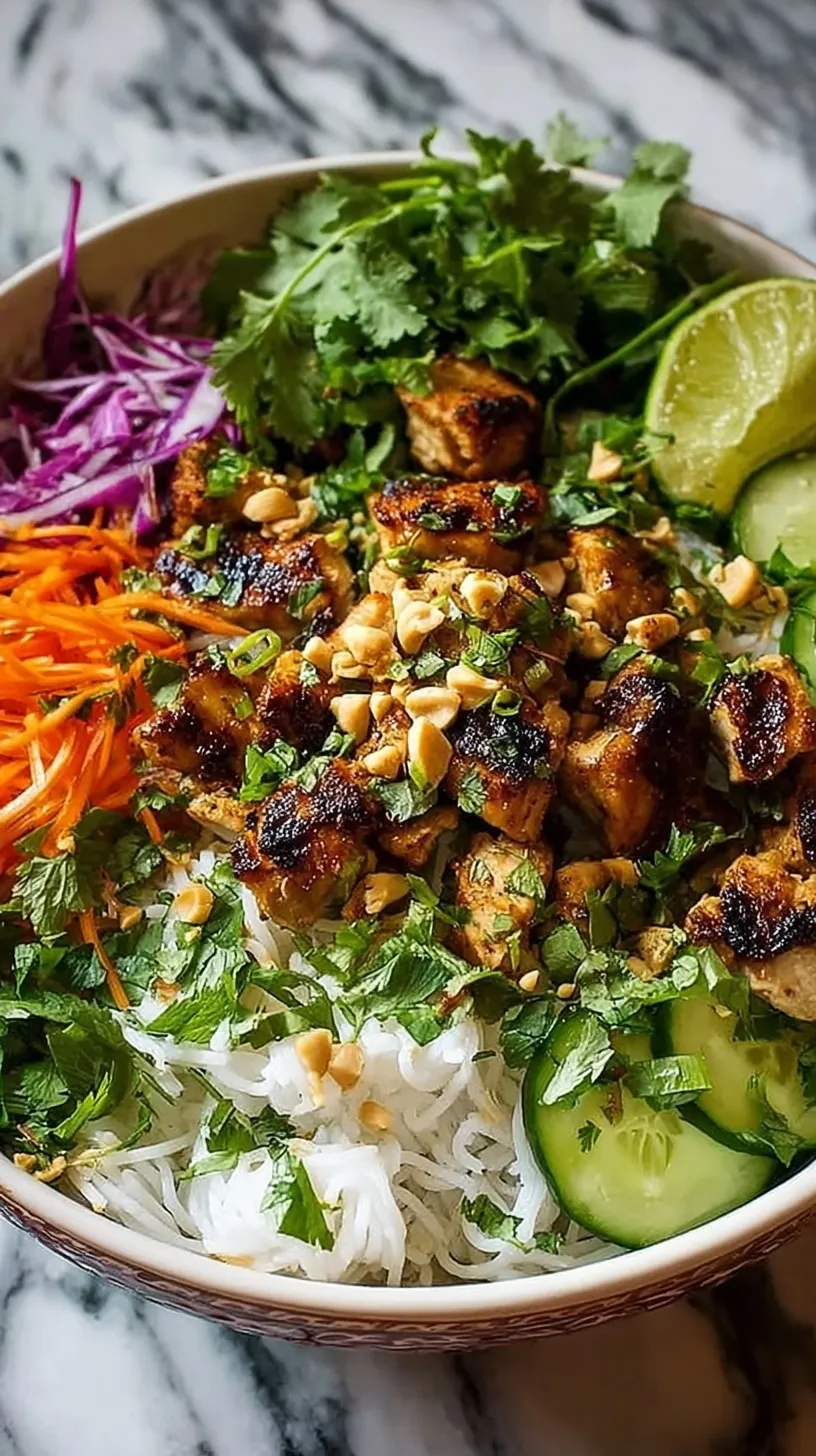 A colorful bowl featuring satay chicken, rice noodles, shredded cabbage, and peanut sauce garnish.
