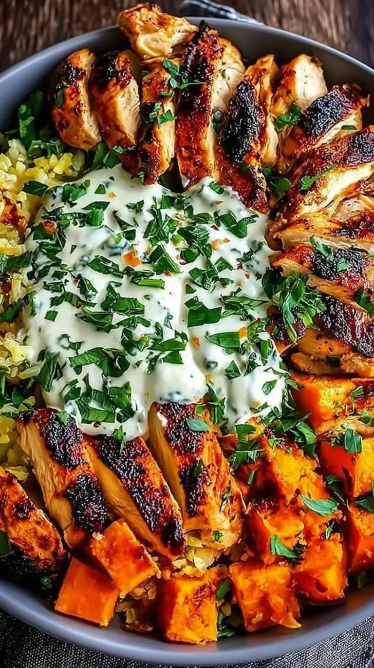A colorful chicken sweet potato bowl with roasted broccoli and tahini dressing