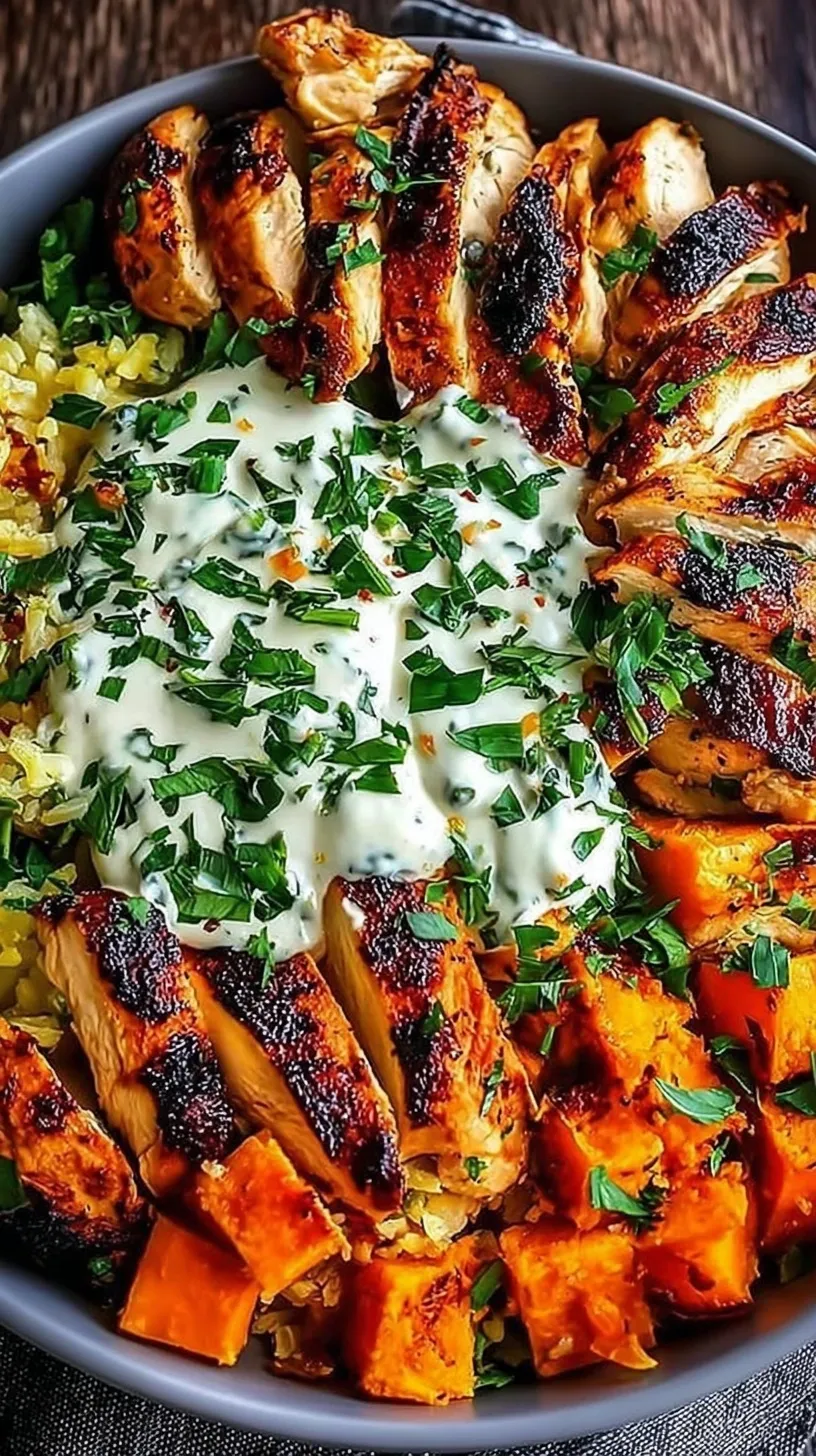A colorful chicken sweet potato bowl with roasted broccoli and tahini dressing