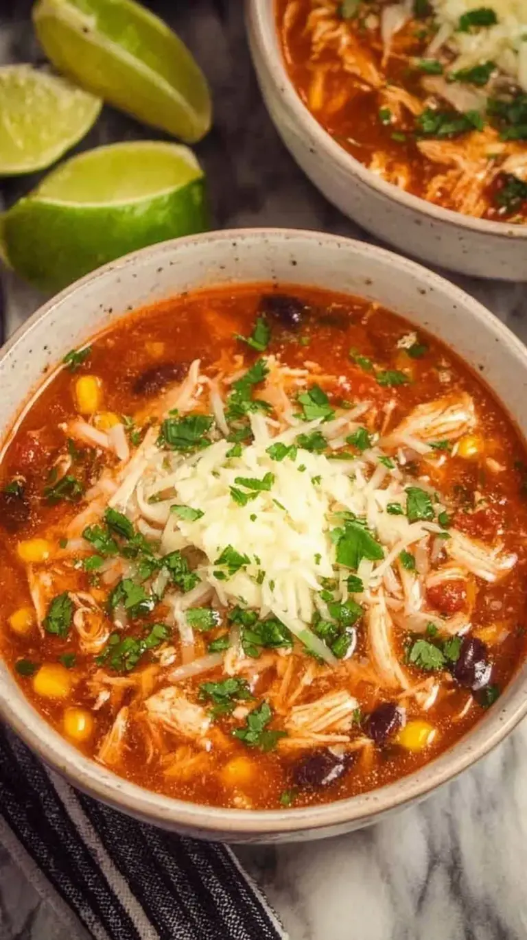 A vibrant bowl of chicken taco soup topped with avocado, cheese, and fresh lime.