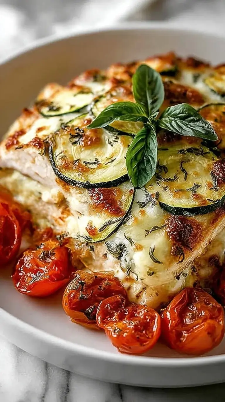 A golden, cheesy Chicken Zucchini Bake in a glass baking dish with melted mozzarella and red marinara sauce.