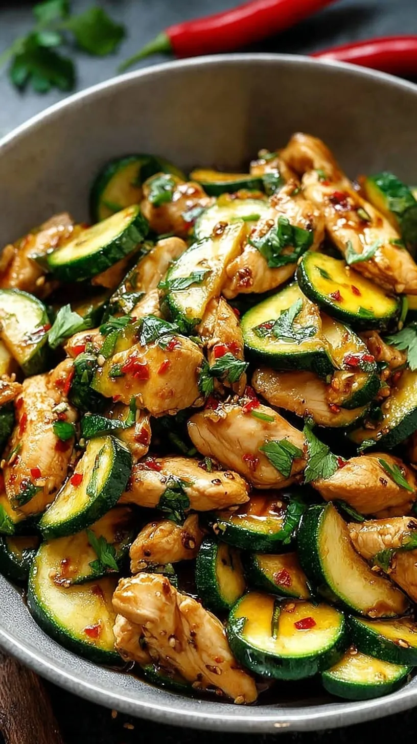 Sizzling Chicken Zucchini Stir Fry in a dark skillet with glossy brown sauce