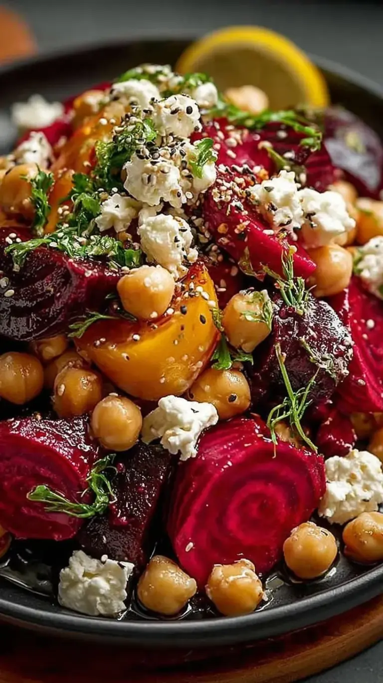 A colorful glass bowl filled with roasted beets, chickpeas, and crumbled feta cheese with fresh parsley.