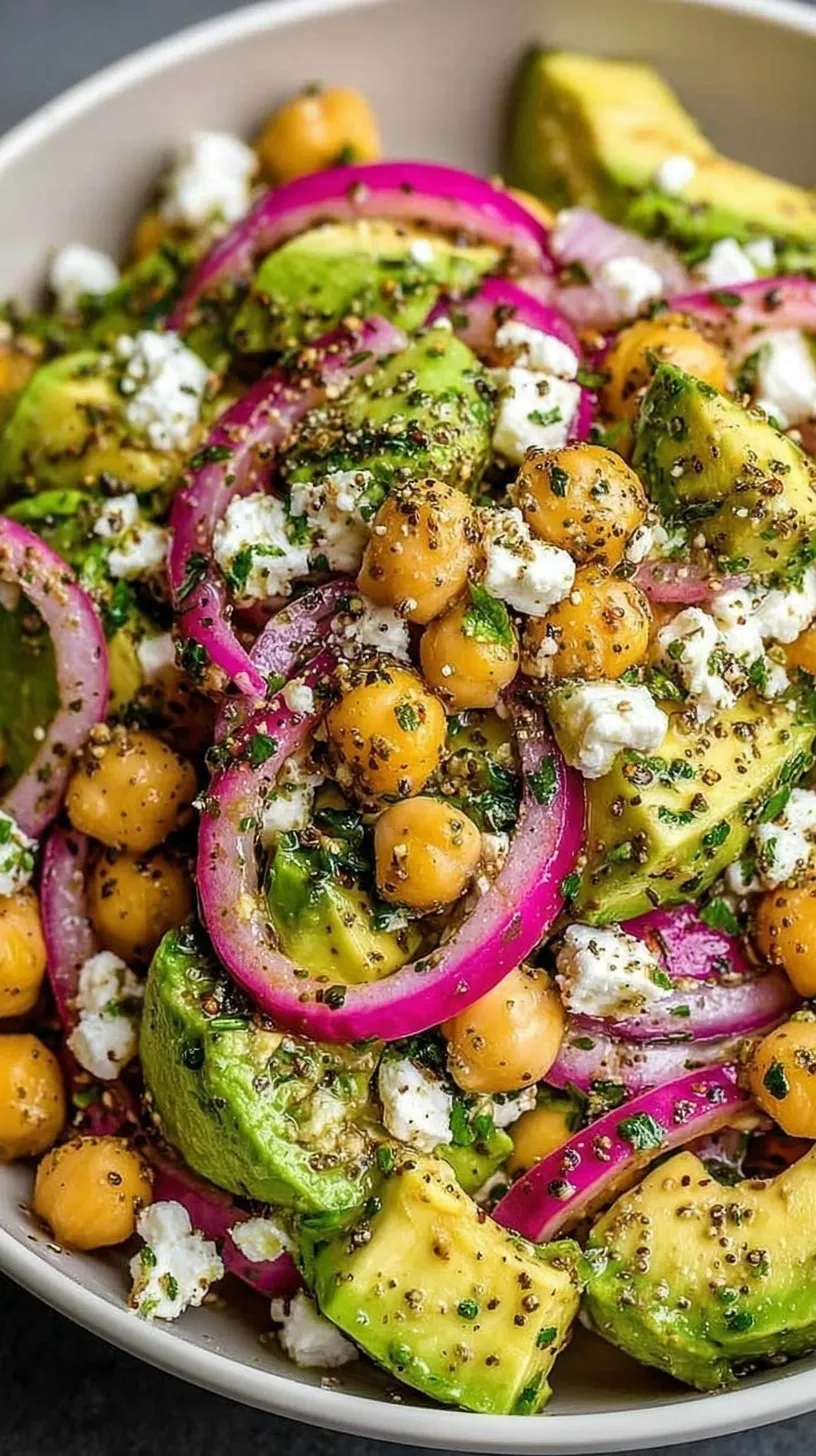 A colorful bowl of Chickpea Feta Avocado Salad with cherry tomatoes, cucumbers, and fresh parsley