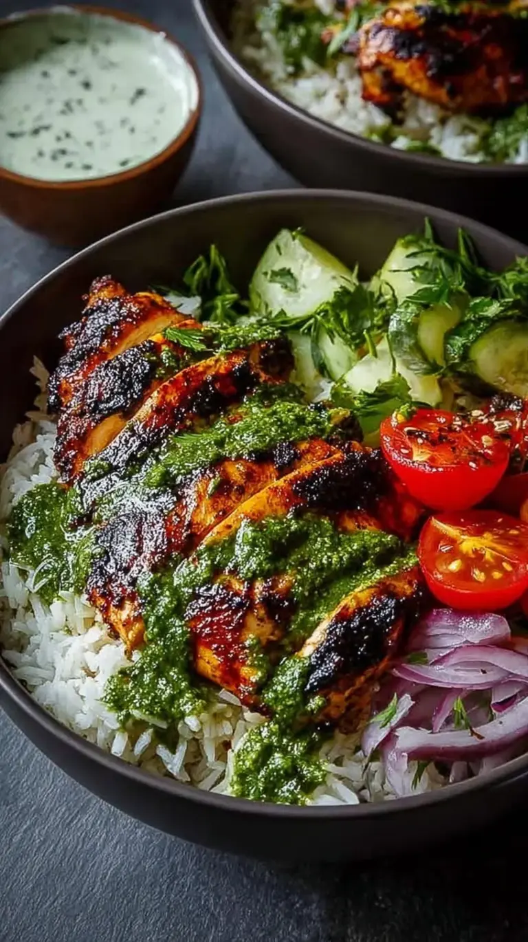A colorful bowl featuring grilled chimichurri chicken, white rice, sliced cucumbers, and cherry tomatoes with a creamy garlic sauce drizzle.
