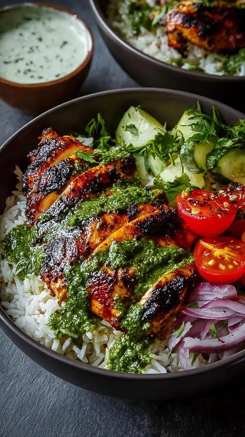 A colorful bowl featuring grilled chimichurri chicken, white rice, sliced cucumbers, and cherry tomatoes with a creamy garlic sauce drizzle.