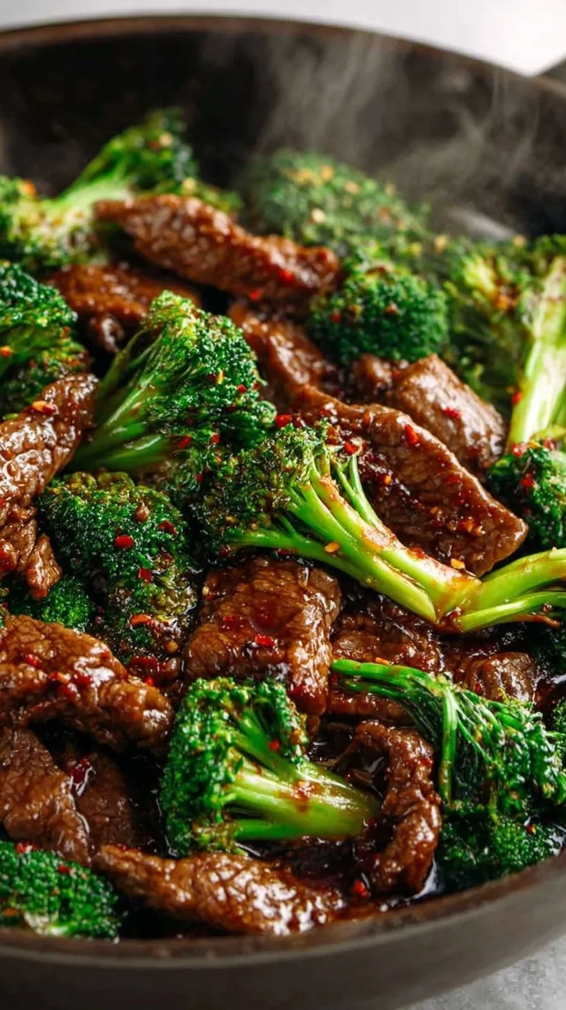 A close-up shot of glossy Chinese Beef and Broccoli served in a dark bowl with a side of white rice.