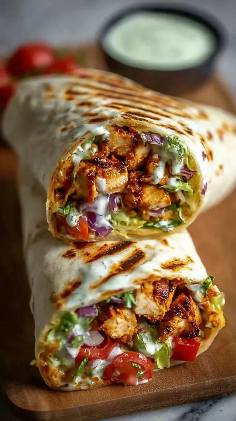 A toasted grilled chicken burrito sliced in half showing rice, black beans, and chipotle ranch sauce.