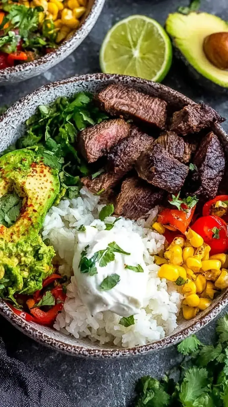 Grilled chipotle steak sliced over cilantro lime rice with black beans and corn salsa