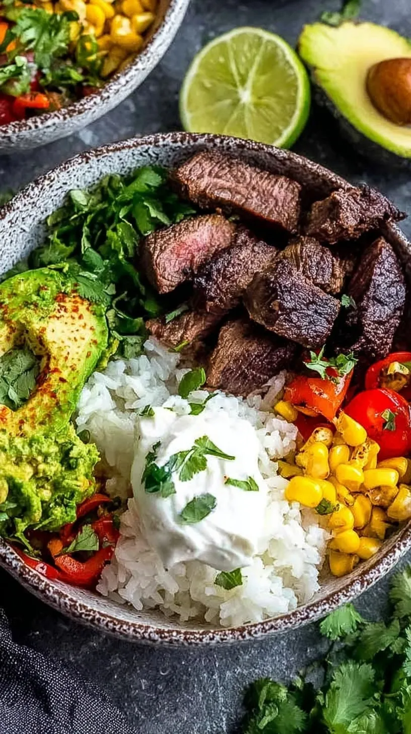 Grilled chipotle steak sliced over cilantro lime rice with black beans and corn salsa
