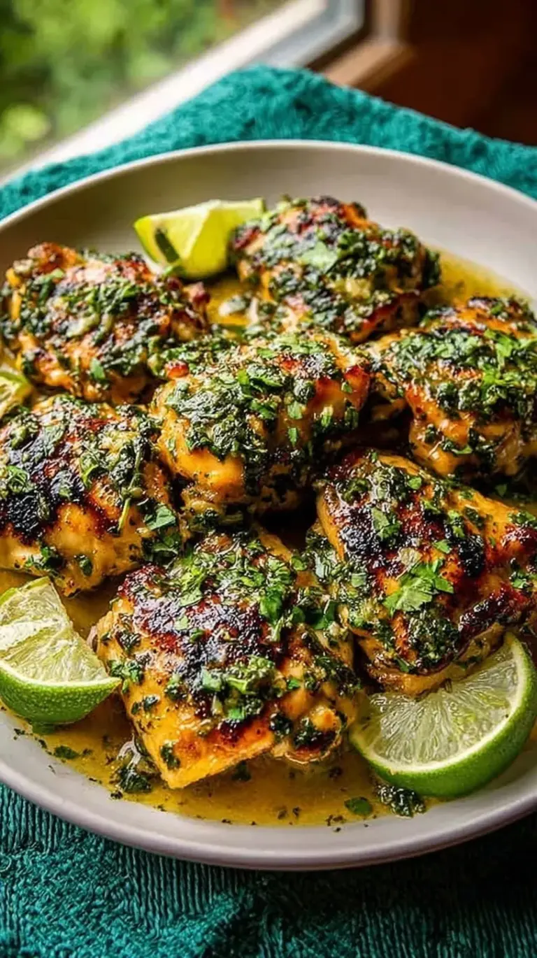 Golden brown crispy cilantro lime chicken thighs in a cast iron skillet with fresh lime slices