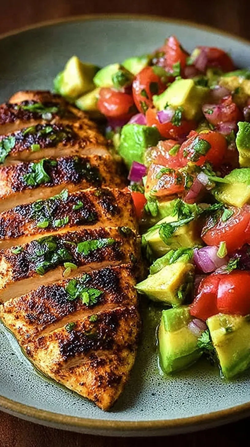 Grilled cilantro lime chicken breast topped with chunky avocado and tomato salsa on a white plate