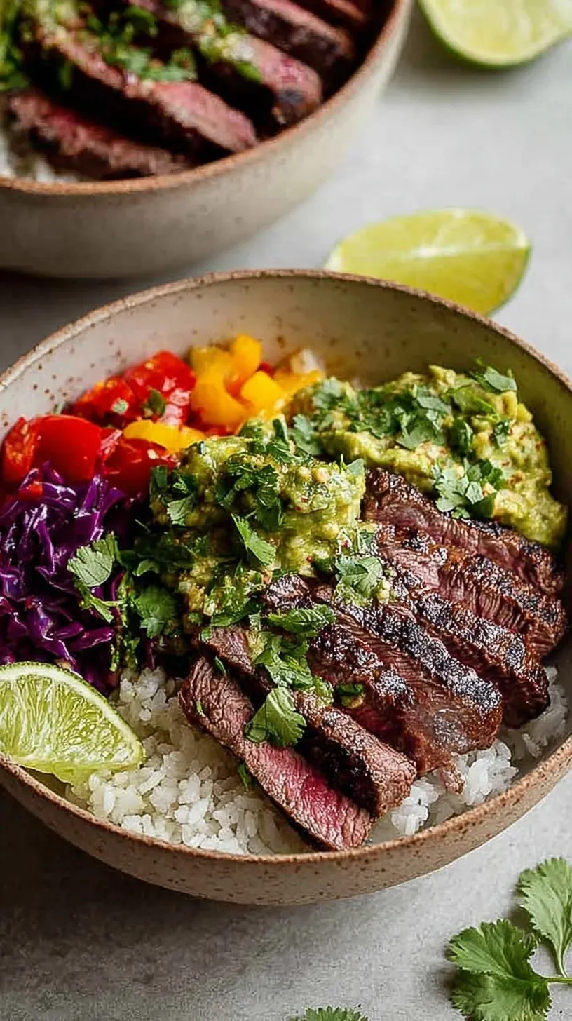 A vibrant steak bowl with sliced flank steak, black beans, corn, and avocado over cilantro lime rice.