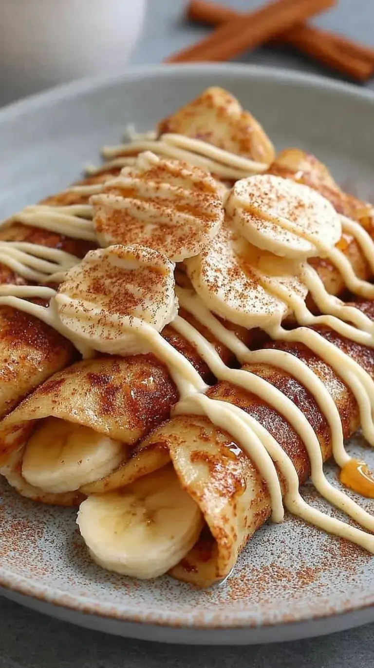 Two rolled protein crepes drizzled with cinnamon glaze on a white plate