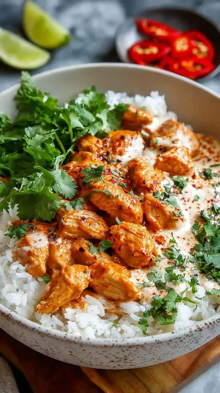 A vibrant Coconut Chicken Rice Bowl topped with fresh cilantro and lime wedges