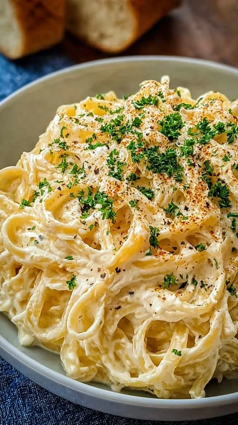 A bowl of creamy fettuccine pasta topped with cottage cheese alfredo sauce and fresh herbs.