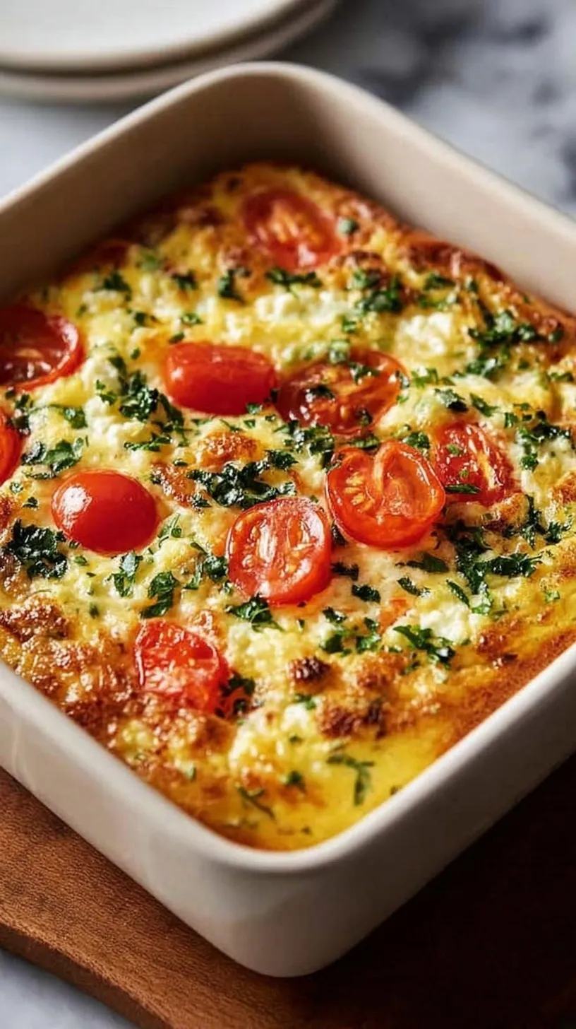 A golden brown cottage cheese and vegetable bake sliced in a square baking dish.
