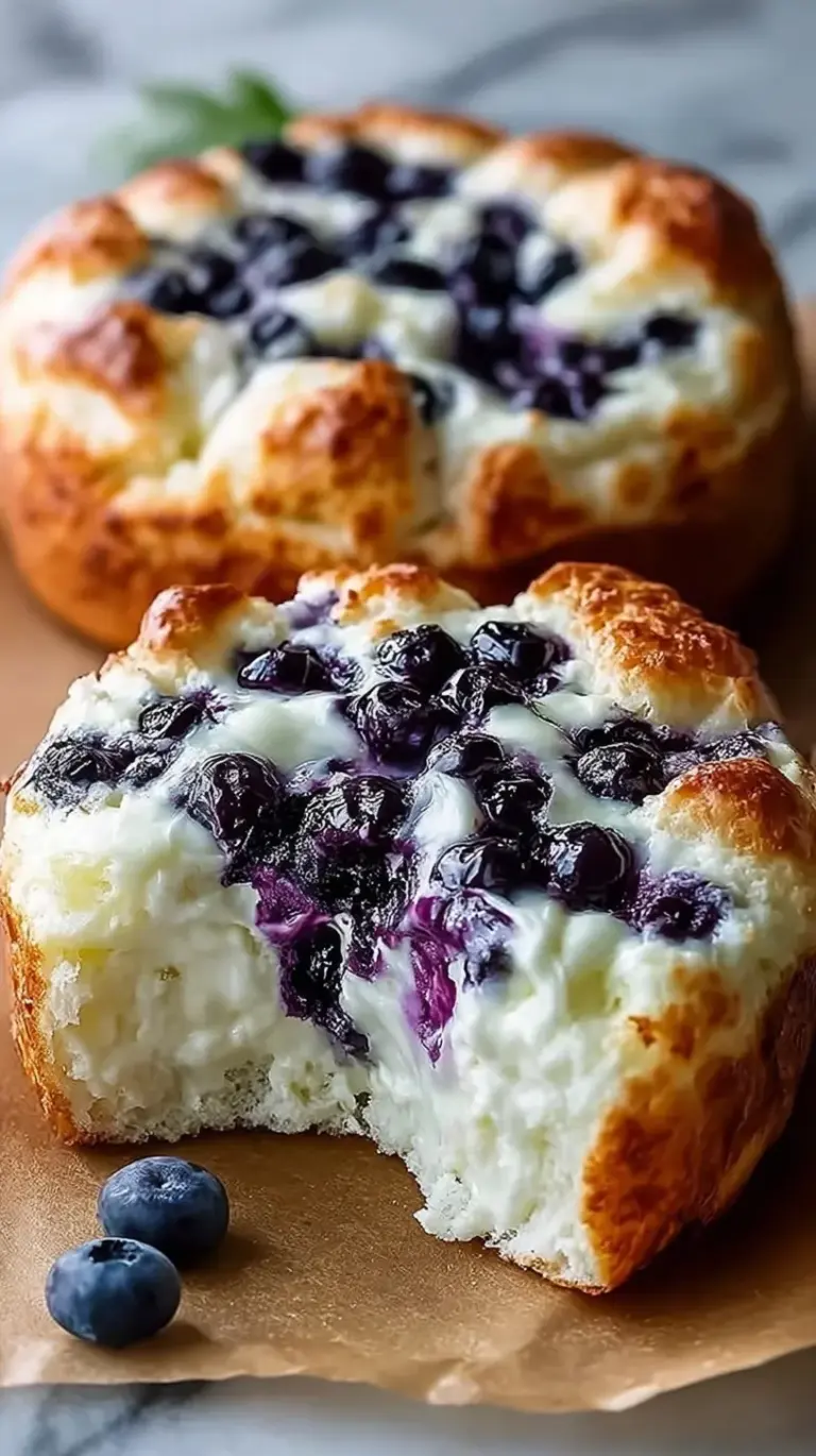 Golden brown rounds of blueberry cloud bread on a baking sheet with fresh berries