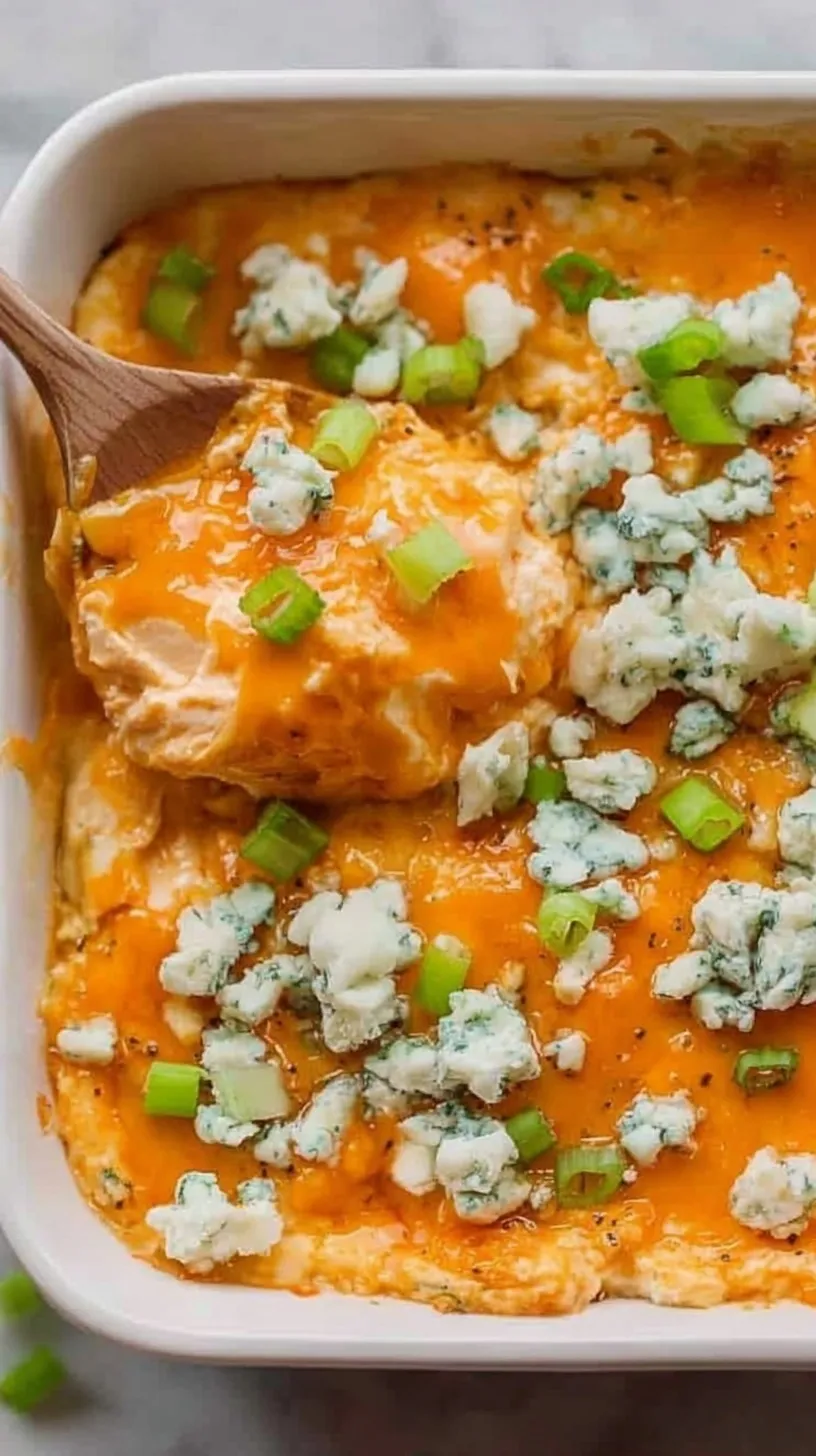 A bubbling dish of creamy buffalo chicken dip topped with melted cheese and green onions.