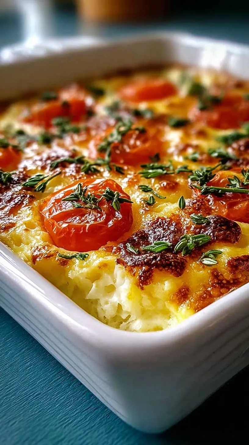 Golden brown cottage cheese egg bake sliced in a white baking dish with fresh chives.