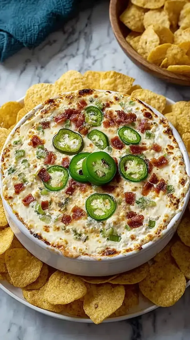 A golden brown cottage cheese jalapeño popper dip in a white baking dish with melted cheese and panko topping.