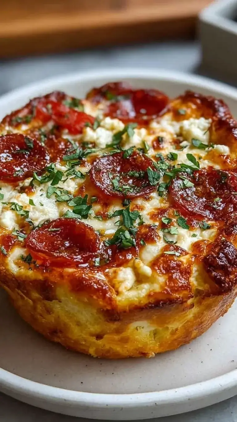 A warm cottage cheese pizza bowl topped with melted mozzarella, marinara, and turkey pepperoni slices.