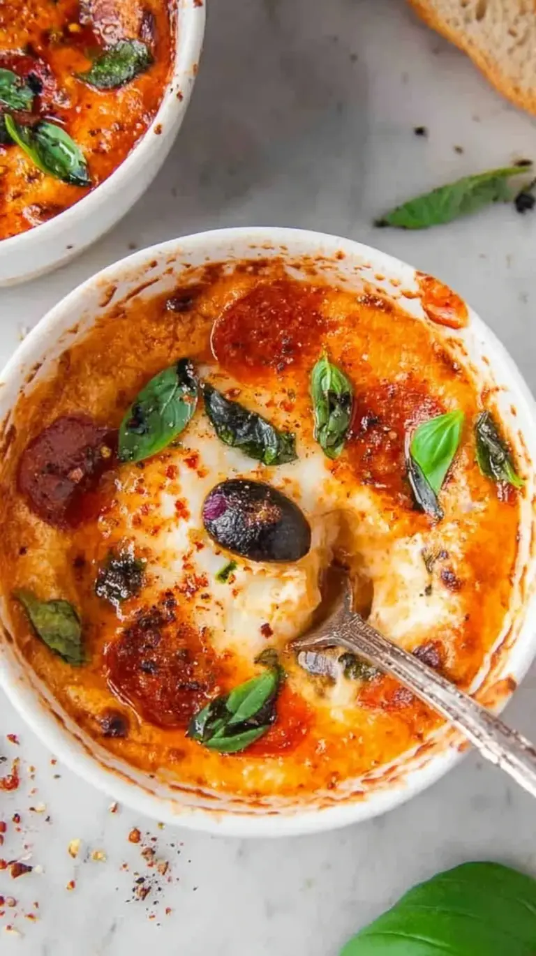 A microwave-safe bowl filled with warm cottage cheese, melted mozzarella, marinara sauce, and mini pepperoni slices.